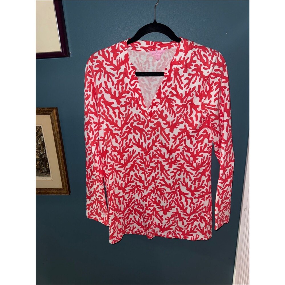 Lilly Pulitzer Coral-Print V-Neck Tunic in White and Coral